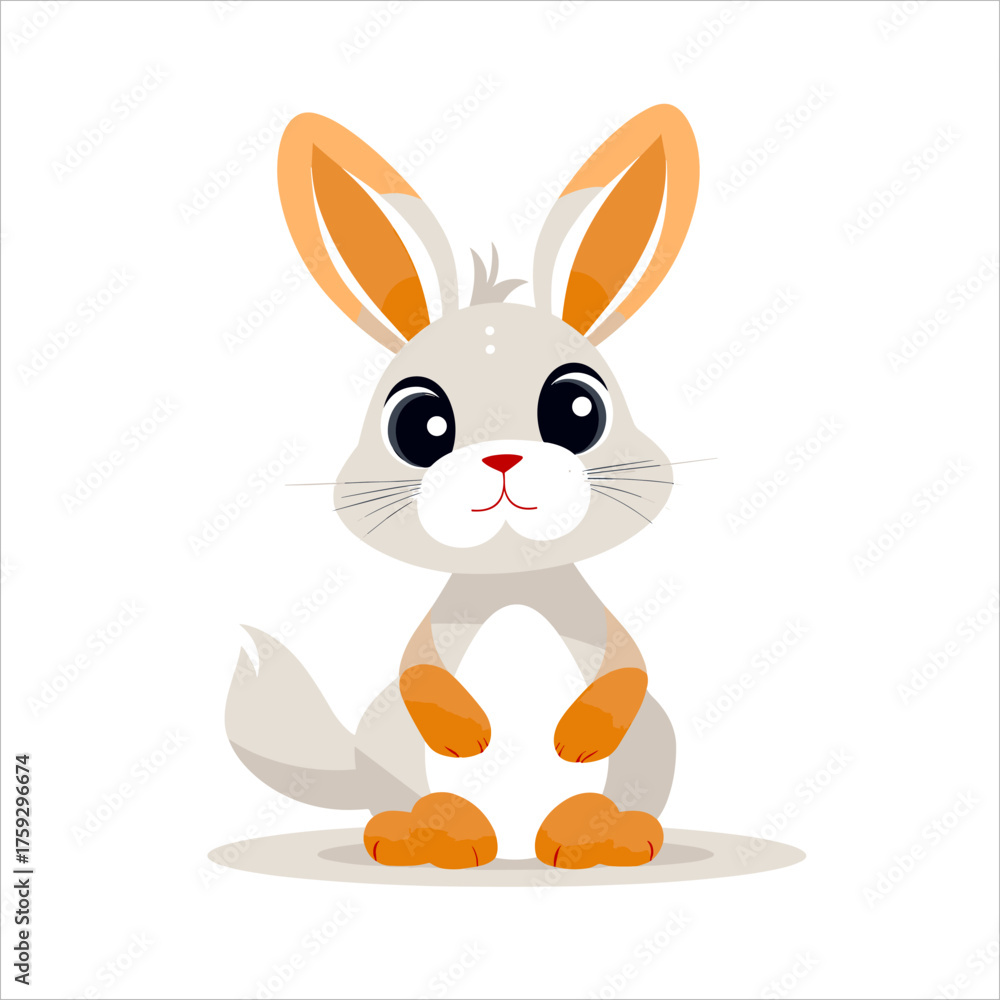 Fototapeta premium Super cute sitting cartoon rabbit character with big dark eyes and orange paws. Simple flat vector illustration, kawaii style, perfect for easter designs, isolated on white background