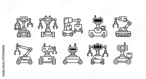 Diverse set of industrial and futuristic robot icons for technology and automation concepts vector
