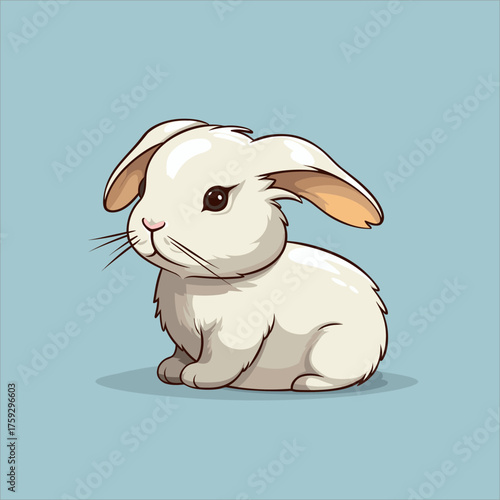 Fluffy white lop-eared rabbit sitting illustration. Soft cartoon vector style, delicate shading, expressive eyes, side profile view, adorable pet animal graphic, isolated on a light blue background