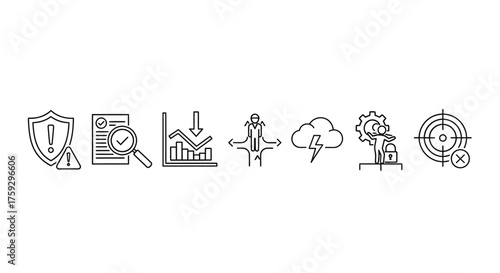 Set of business and technology icons featuring security data analysis cloud computing and strategy vector