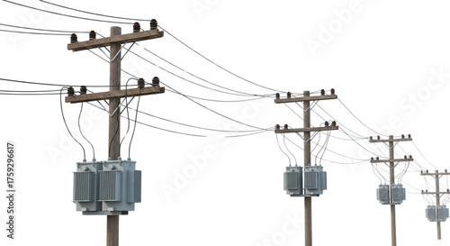 Utility Power Lines and Transformers on Wooden Poles for Electrical Grid Infrastructure Design