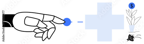 Robotic hand interacting with digital elements, medical cross symbol, financial growth plant, and innovation metaphor. Ideal for healthcare, technology, innovation, automation, investment progress