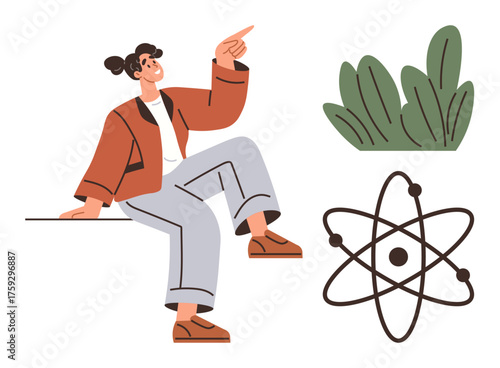 Woman sitting with a hand raised, symbolizing curiosity and exploration. Atom structure and green plant reinforce concepts of science, innovation, education, and sustainability. Ideal for STEM