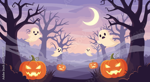Spooky Halloween night scene with grinning pumpkins, playful ghosts, and a crescent moon illuminating a misty forest landscape.