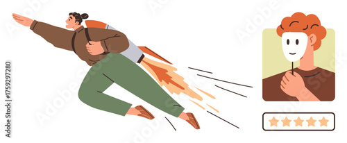 Man with rocket backpack flying, symbolizing ambition individual holding mask, symbolizing duality. Ideal for success, motivation, authenticity, ambition, character, innovation simple flat metaphor