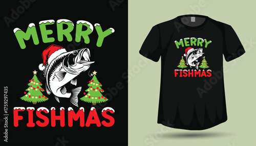 Merry Fishmas T-Shirt Design with Jumping Bass Fish Wearing Santa Hat and Christmas Trees