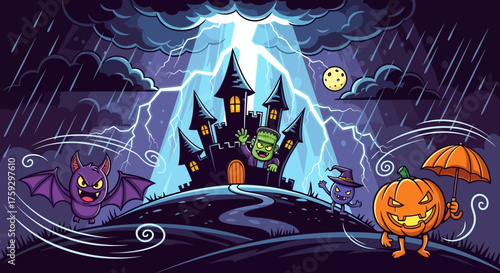 Spooky Halloween castle scene with Frankenstein, bat, pumpkin, and witch under a stormy, lightning-filled sky with rain