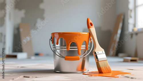 Fototapeta Naklejka Na Ścianę i Meble -  3D render of orange paint bucket with brush in interior renovation scene