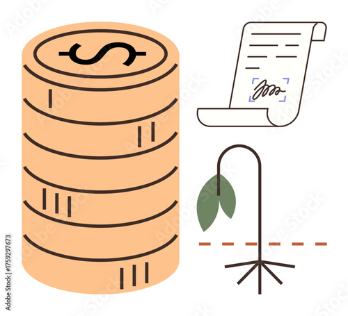 Stacked coins imply money, a signed contract implies agreements, and a wilting plant signals economic decline. Ideal for finance, risk, bankruptcy, economy, debt contracts investment themes. A