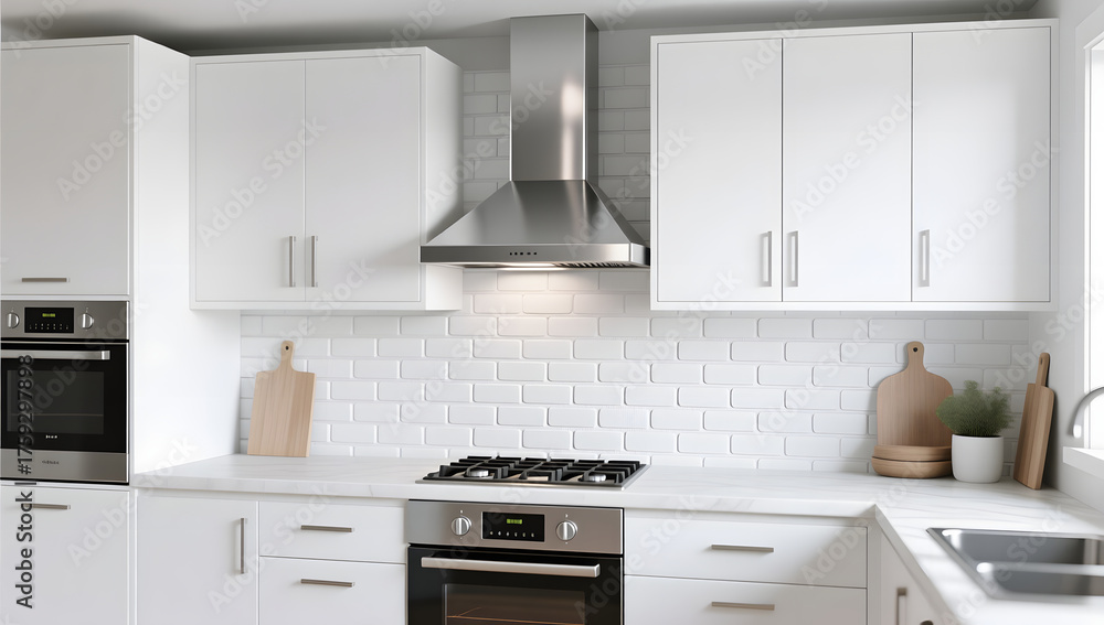 Fototapeta premium Creative modern minimalist interior kitchen design comfortably decorated 3D background