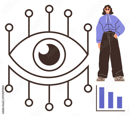 Central connected eye design extends to nodes, representing vision and technology, accompanied by a casually dressed person and a bar chart. Ideal for AI, data, innovation, vision, strategy