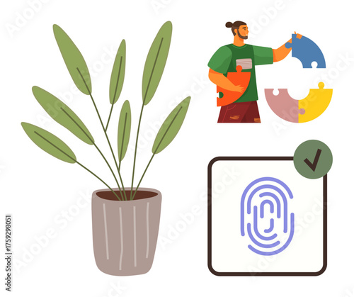 Potted leafy plant, person assembling puzzle pieces, fingerprint authentication with tick. Ideal for collaboration, identity security, teamwork, productivity, eco-friendliness, innovation growth