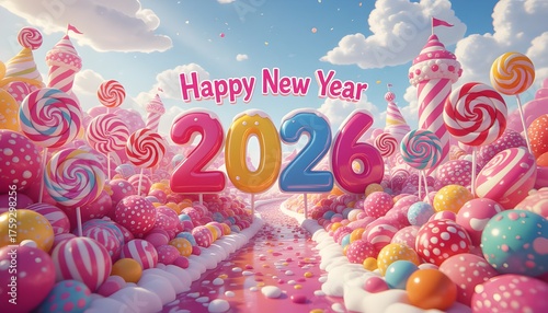 Candy Land Scene with New Year Message and Fantasy Sweet Elements