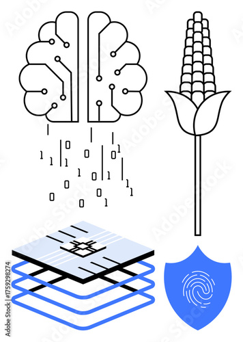 Brain with circuits releasing binary code, corn ear symbolizing agriculture, layered chip for technology structures, and shield with fingerprint for data security. Ideal for innovation, AI