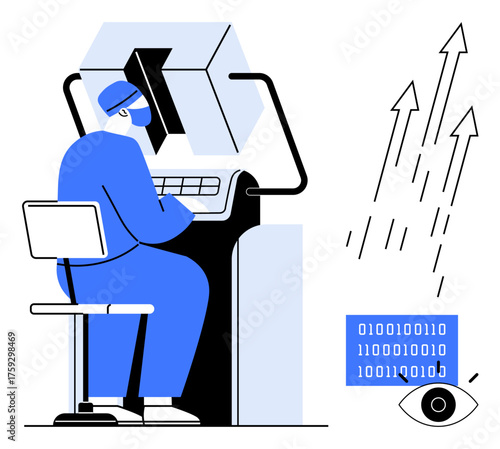 Individual operating a futuristic computer, binary code, rising arrows, and eye icon. Ideal for technology, data analysis, artificial intelligence, cybersecurity, innovation research simple flat