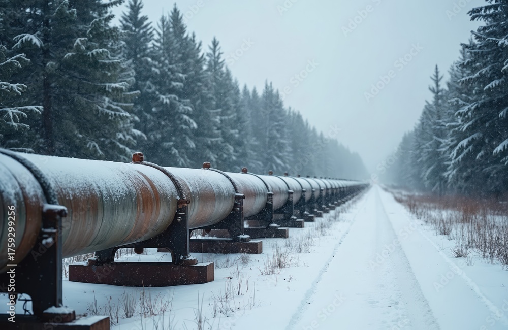 Naklejka premium Pipeline stretches into snowy forest. Winter landscape shows long rusty pipeline covered by frost running along trees and path. Fog covers tops of spruces on horizon in cold. Energy concept.