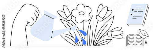 Hand watering blooming flowers, symbolizing growth and nurturing. Nearby are books, a graduation cap, and papers, representing education and success. Ideal for growth, development, education