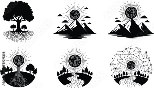 Nature and technology fusion illustration with circuit patterns, digital ecosystem landscapes, futuristic eco design, artificial intelligence, sustainability, environmental data network concept