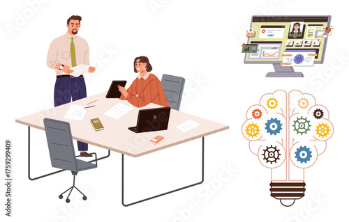 Two professionals collaborating at a desk with laptops and documents, a monitor highlighting online tools, and a conceptual light bulb with gear symbols. Ideal for teamwork, innovation, creativity