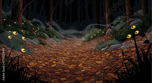 Eerie forest path covered in fallen leaves with many watchful eyes hidden in the foliage, creating a suspenseful and mysterious atmosphere