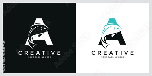 Initial A with fish logo design vector graphic symbol icon.