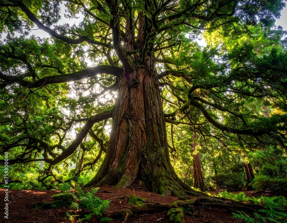Fototapeta premium A massive, ancient tree with a lush canopy bathed in sunlight