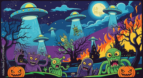 Spooky alien invasion with UFOs, monsters, and fiery haunted houses creates a vibrant Halloween scene under a full moon