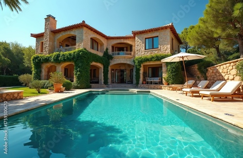 Wallpaper Mural Luxury stone villa, clear blue swimming pool, comfy sun loungers, large umbrella. Elegant private home features classic architecture, green ivy facade, sunny patio space. Ideal for family vacation Torontodigital.ca