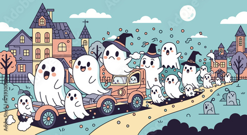 Whimsical Halloween parade features adorable ghosts joyfully riding in a vintage truck through a charming town under a full moon.