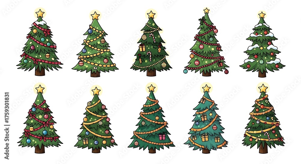 Fototapeta premium Collection of ten beautifully decorated christmas trees in various styles and sizes ready for holiday celebrations