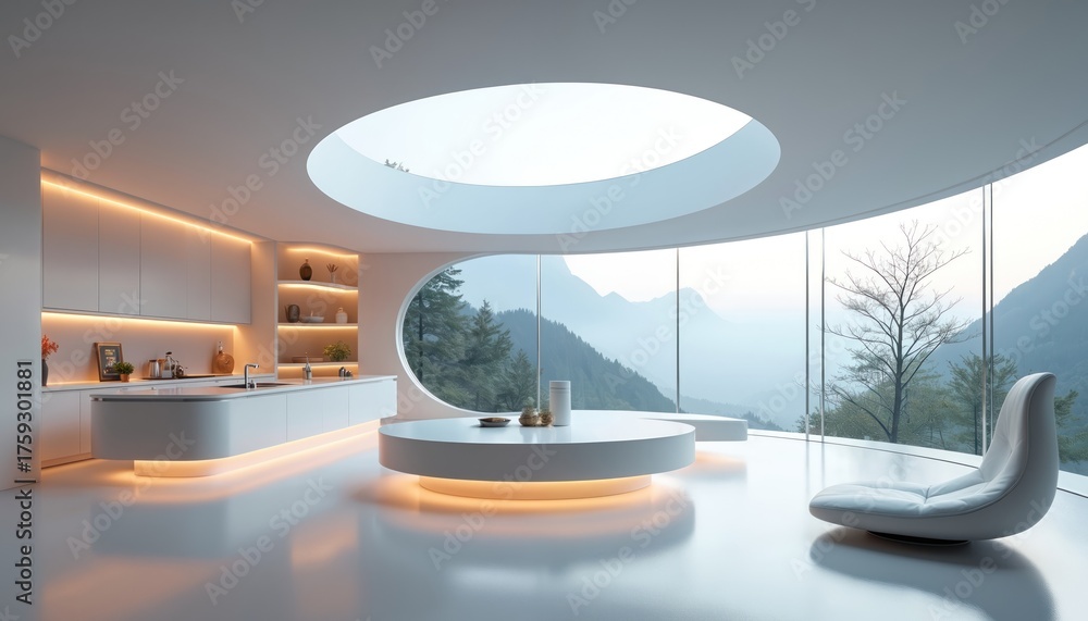 Fototapeta premium Modern minimalist kitchen with large curved windows offering mountain views. Open plan living space features sleek white cabinets, integrated lighting, and a central round table.