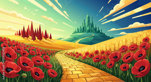 Dreamlike journey through vibrant poppy fields and golden plains, guided by a stone road towards an impressive, verdant hilltop city under a bright sky