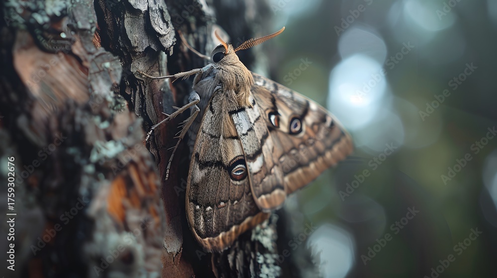 Naklejka premium Close-Up Of Brown Moth On Tree Bark With Intricate Wing Pattern