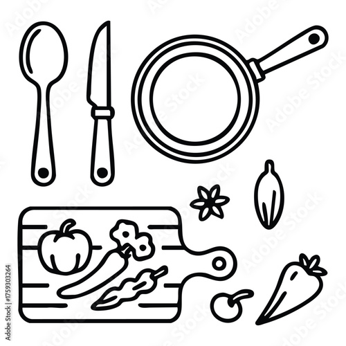 Vector art of kitchen utensils and vegetables in line art