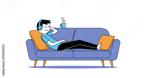 A relaxed person enjoying music and working on a laptop while lounging on a comfortable couch.