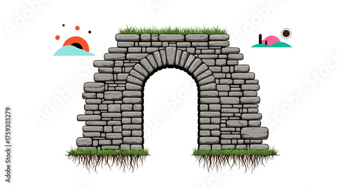 An ancient stone archway with grass growing on top and at the base.