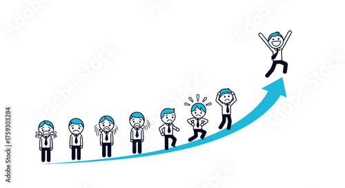 Cartoon businessmen climbing up an upward trending arrow showing career growth and success.