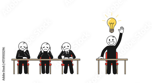 A student has a great idea in class with a light bulb above their head. The other students look bored.