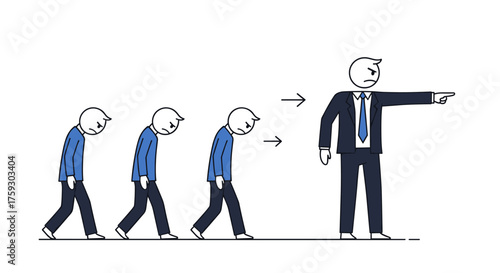 A frustrated businessman points to three slumped figures walking away from him.