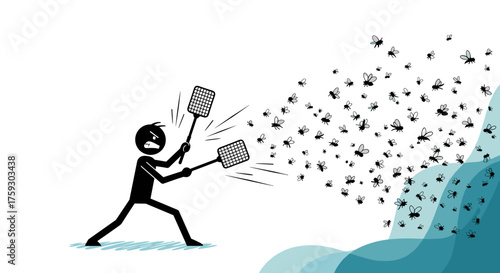 A frantic person swings two fly swatters at a swarm of flying insects with great determination.
