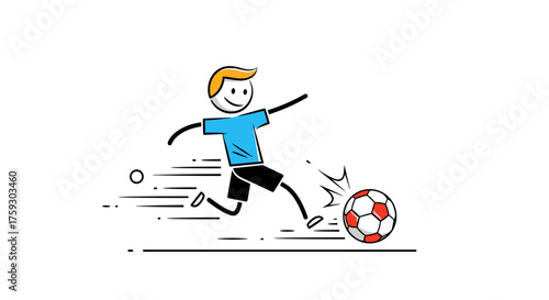 Cartoon boy playing soccer with a red and white ball in a field.