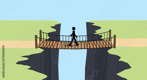 A stick figure bravely walks across a narrow rope bridge spanning a deep chasm.