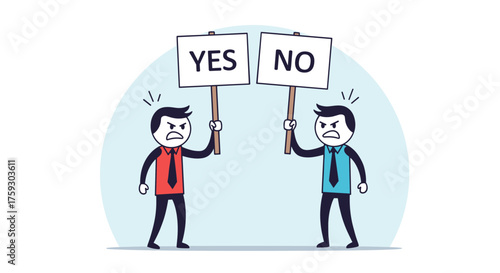 Two angry businessmen holding signs with yes and no facing each other in disagreement.