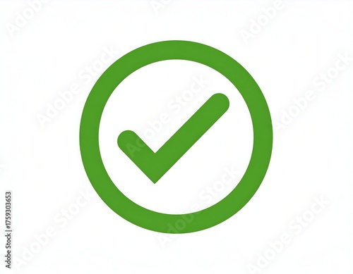 A stylized green checkmark icon, encapsulated by a circular outline, set against a pristine white background. It signifies approval and completion