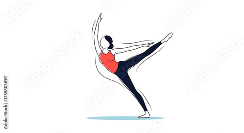 A graceful dancer in a dynamic pose balances on one leg with arms extended.