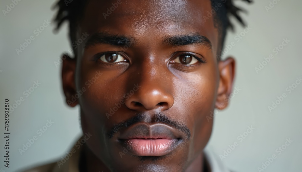 Fototapeta premium Close up portrait of young black man with dark curly hair and mustache. His face shows thoughtful calm expression. Natural soft light highlights detailed skin texture and gentle eyes.