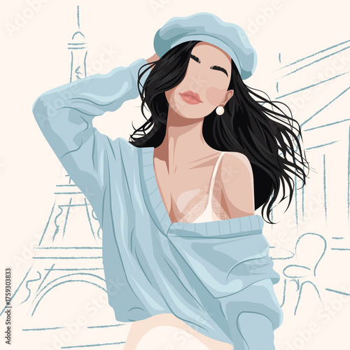 Stylish woman in beret and blue sweater posing in Paris. Trendy faceless vector fashion illustration with modern pastel colors and minimal background.
