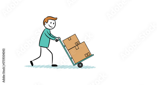 A cheerful person pushing a trolley filled with delivery boxes during the shipping process.