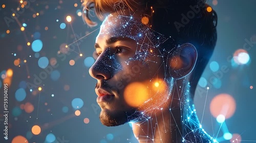 A young man's profile with digital connections and glowing particles overlaying his face and neck, suggesting technology integration.