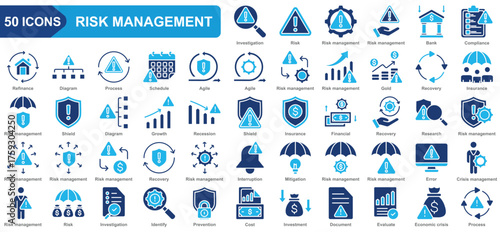 Risk management collection icon set. Investigation, Risk, Bank, Compliance, Refinance, Diagram, Recovery. Simple flat vector.